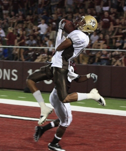 Justin Dickens goes up to catch the Hawks only score of the game